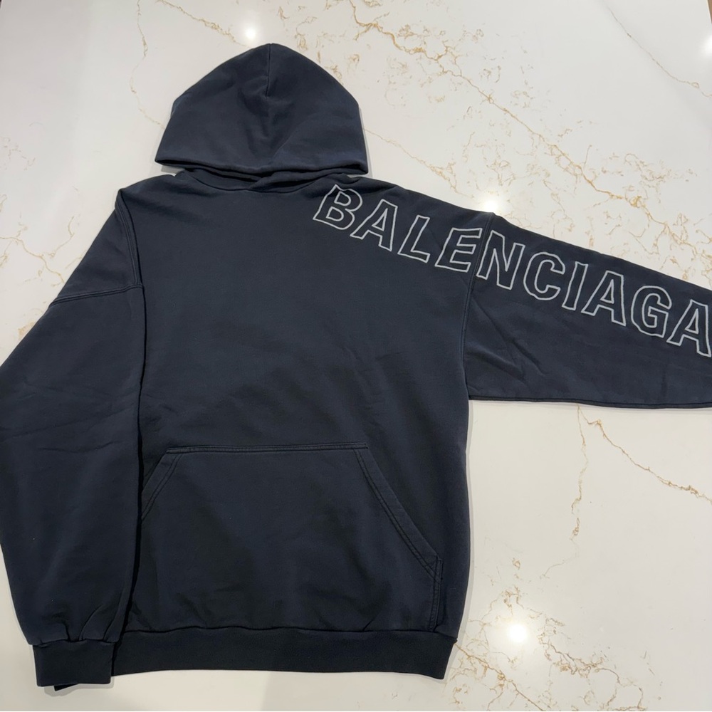 Balenciaga Logo Embroidered Hoodie Washed Black Size 2 Medium